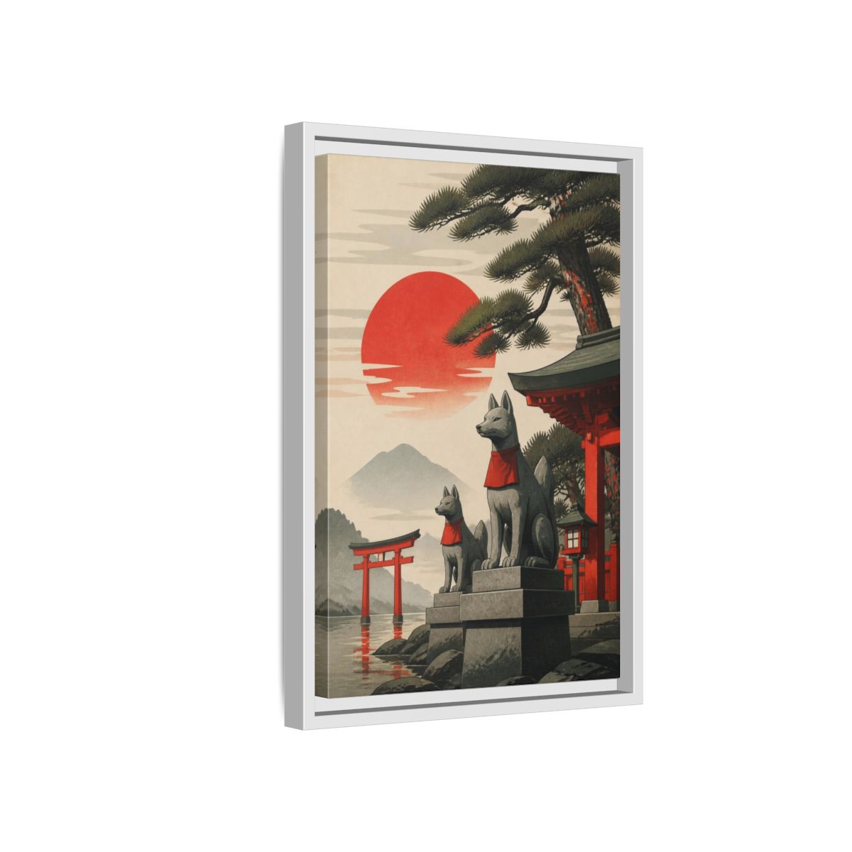 Side Mockup 4. Japanese Fox Guardians shown as framed canvas print