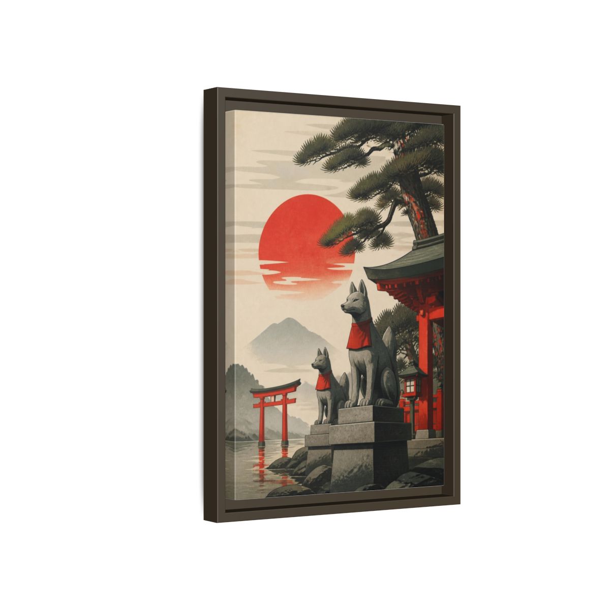 Side Mockup 5. Japanese Fox Guardians shown as framed canvas print
