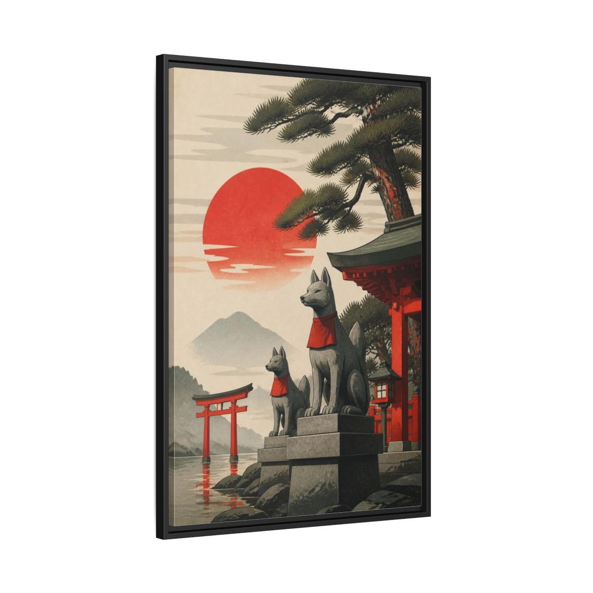 Side Mockup 13. Japanese Fox Guardians shown as framed canvas print