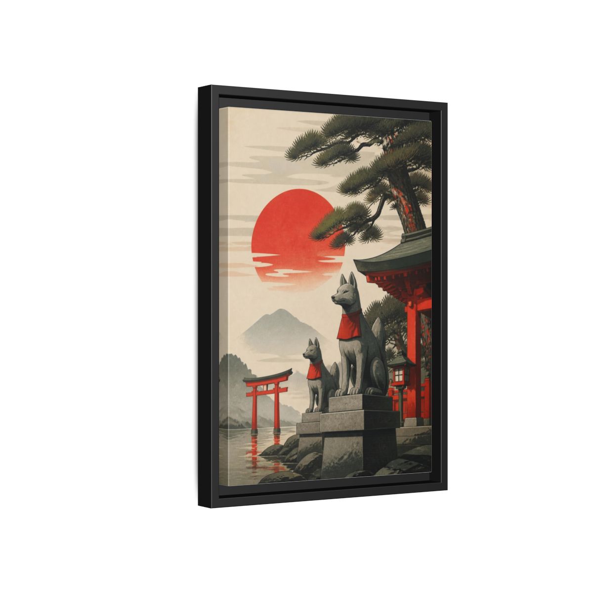 Side Mockup 6. Japanese Fox Guardians shown as framed canvas print