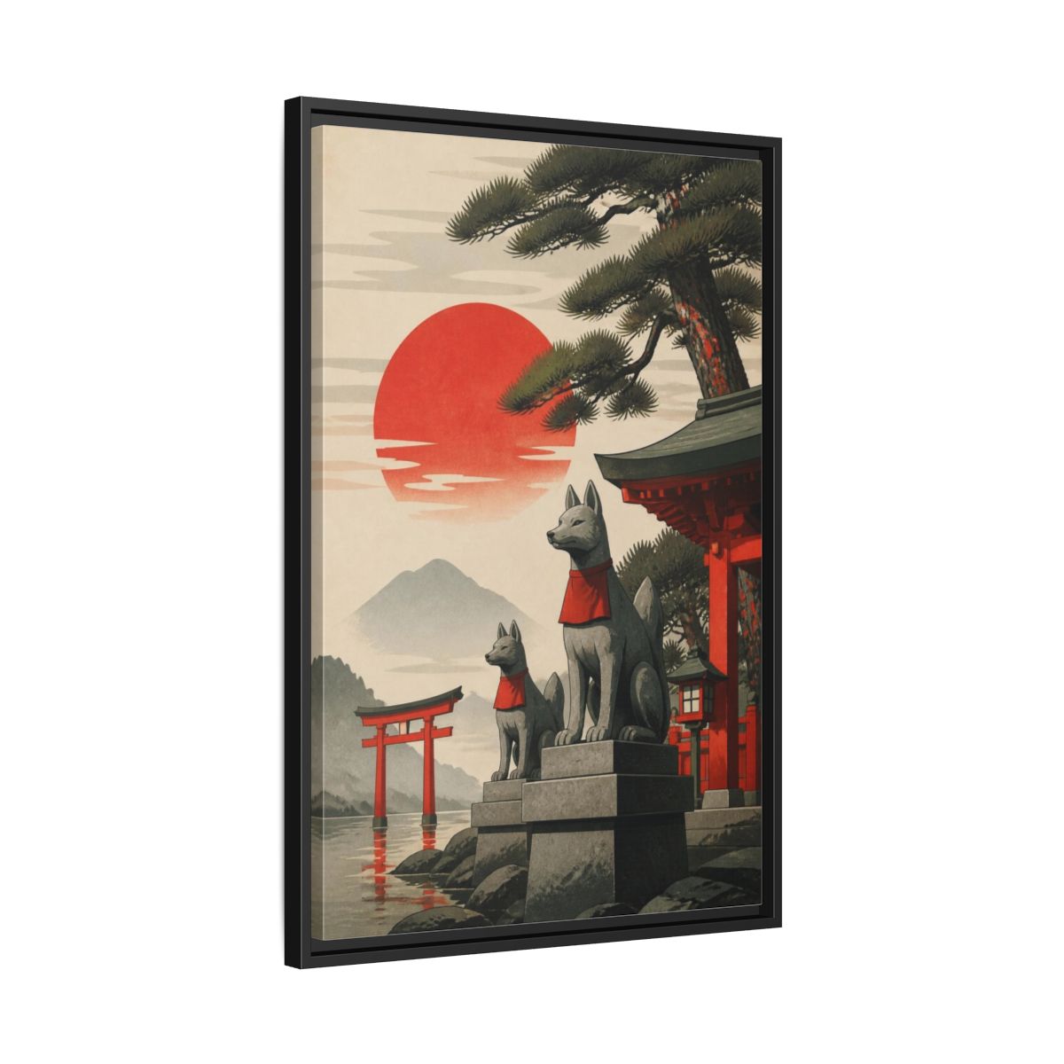 Side Mockup 14. Japanese Fox Guardians shown as framed canvas print