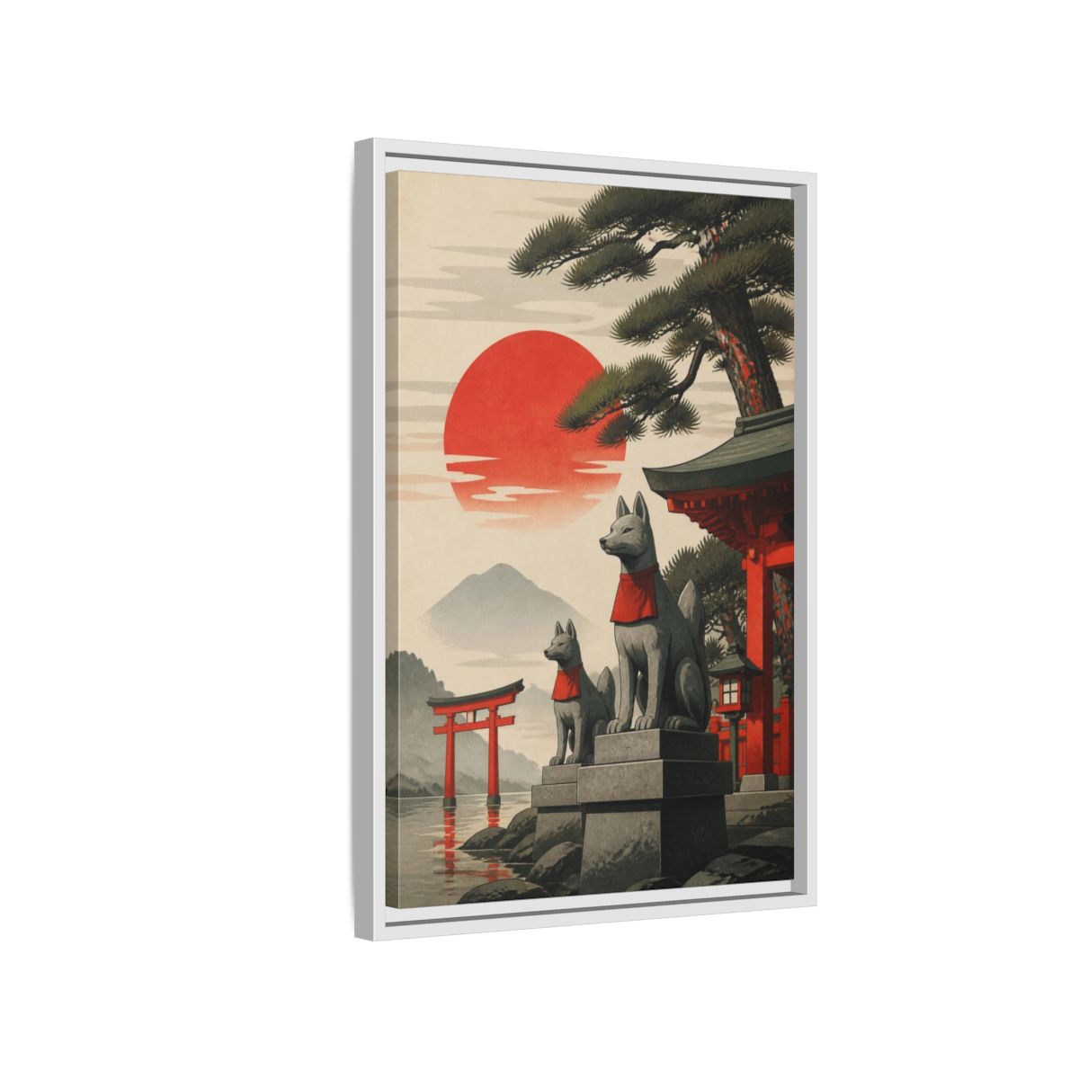 Side Mockup 1. Japanese Fox Guardians shown as framed canvas print