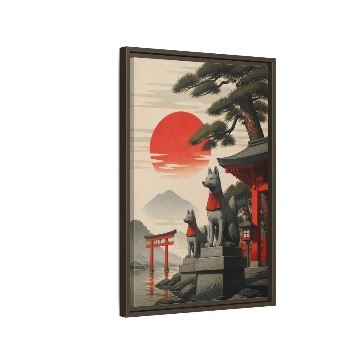 Side Mockup 2. Japanese Fox Guardians shown as framed canvas print