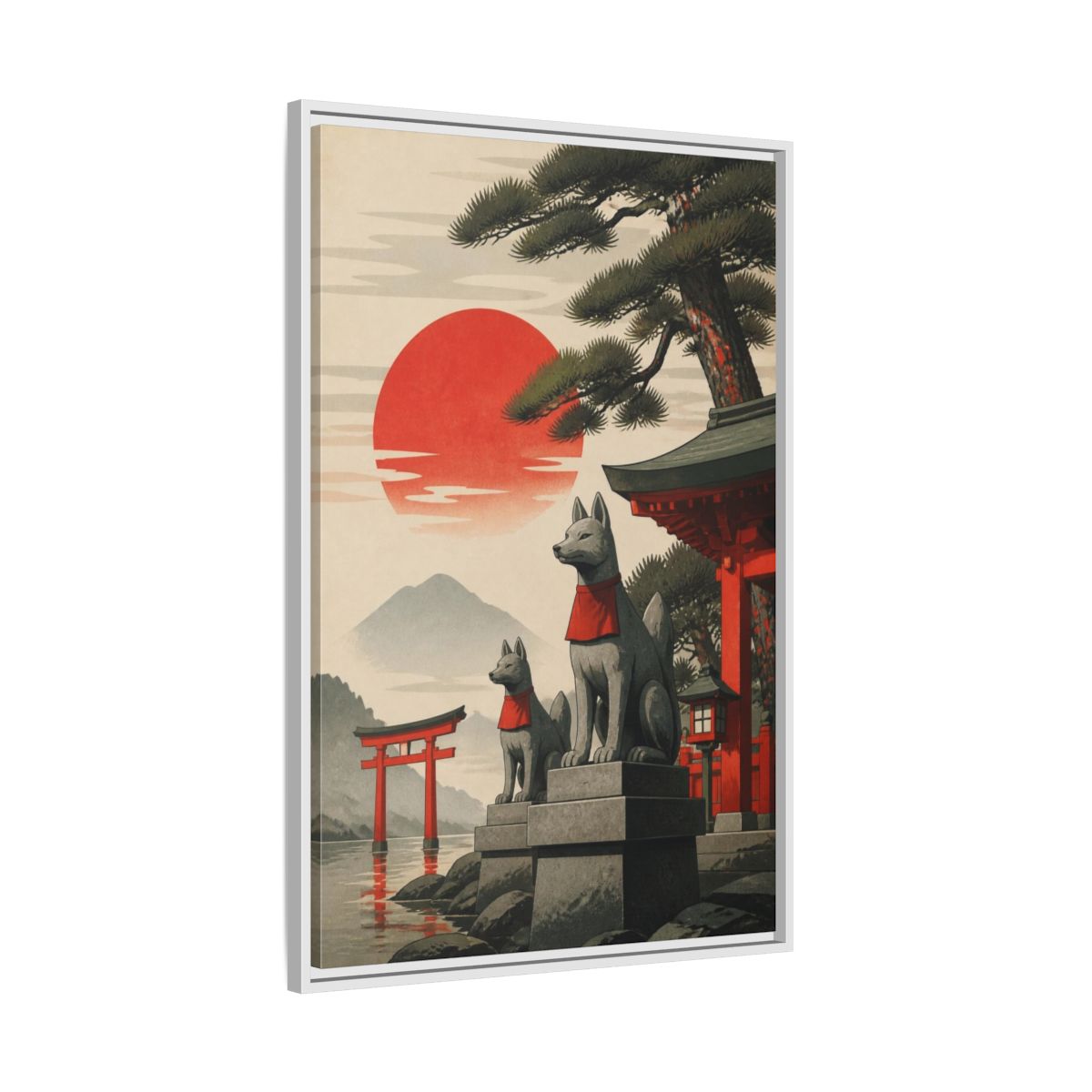 Side Mockup 9. Japanese Fox Guardians shown as framed canvas print