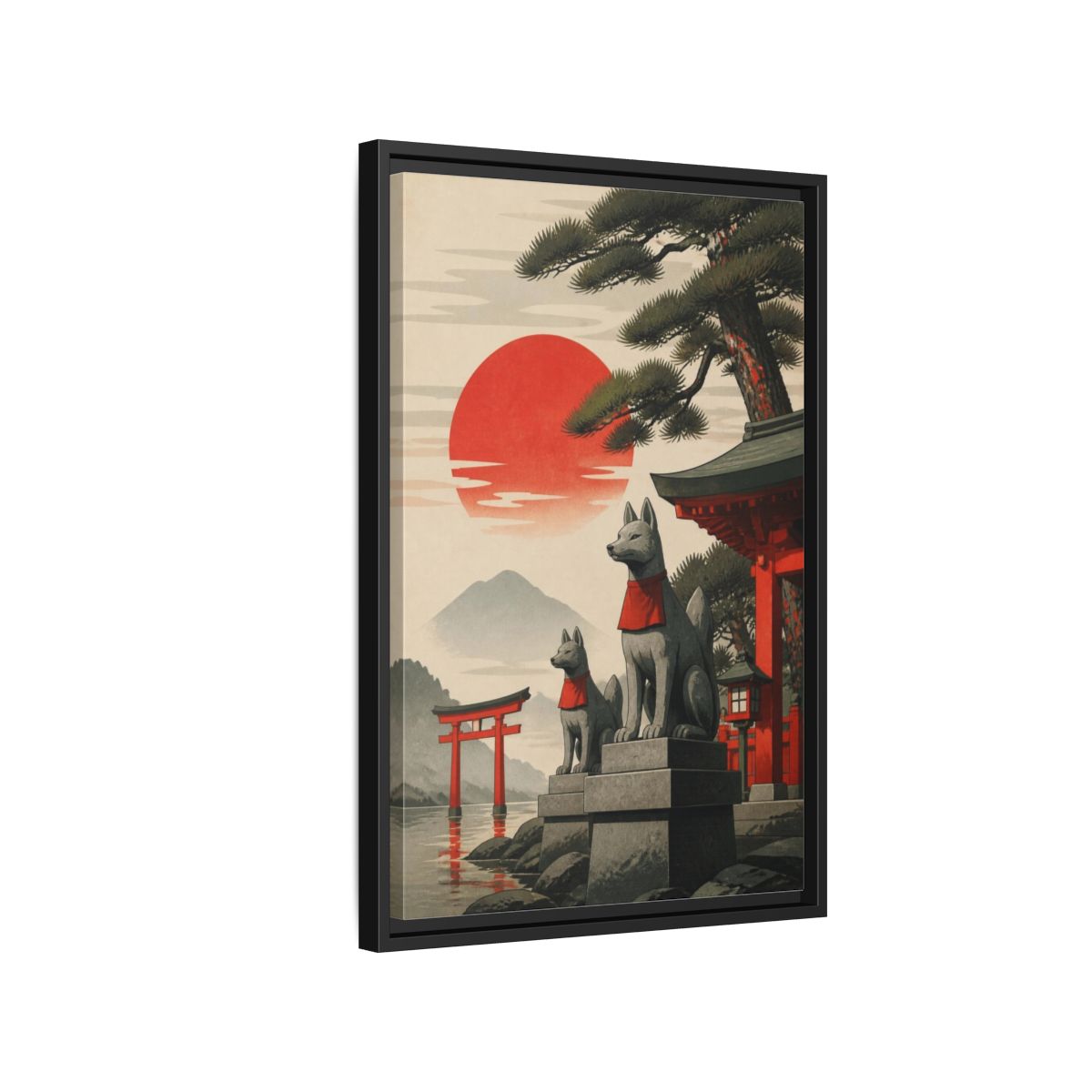 Side Mockup 3. Japanese Fox Guardians shown as framed canvas print