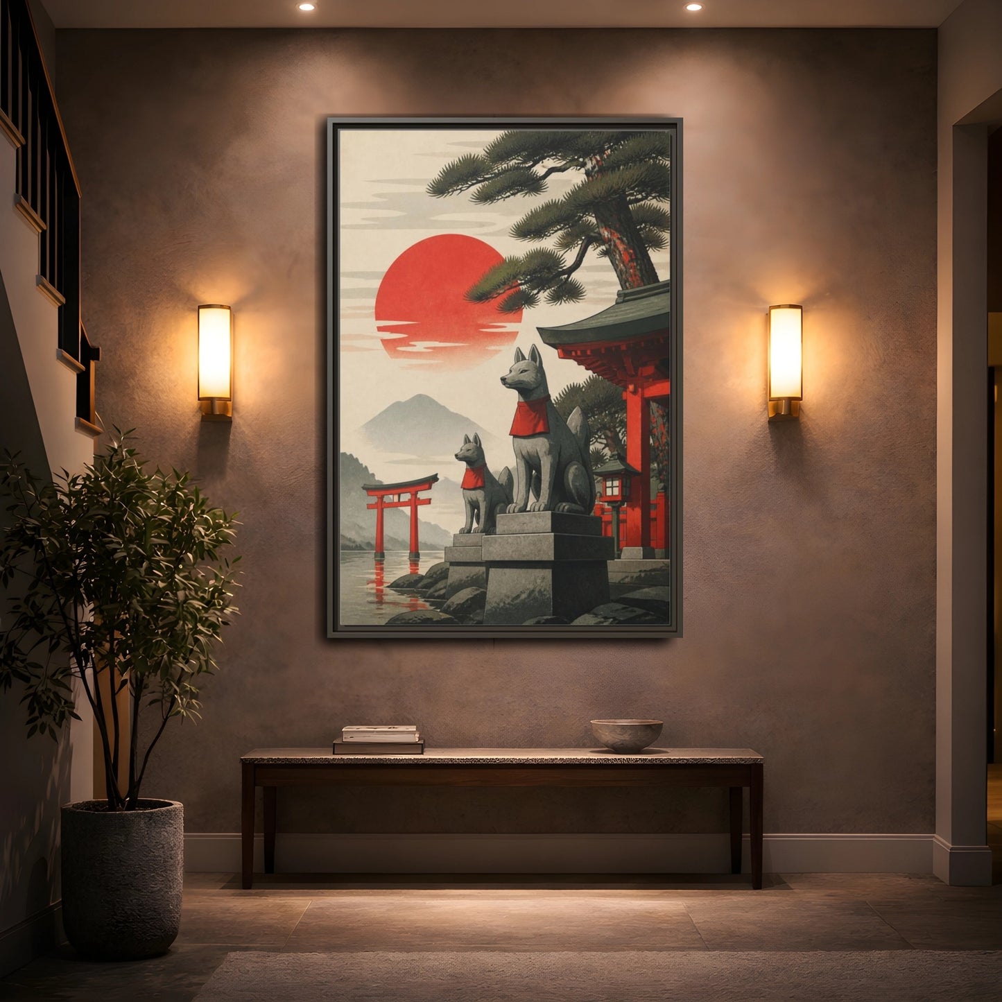Mockup 2. Japanese Fox Guardians shown as framed canvas print