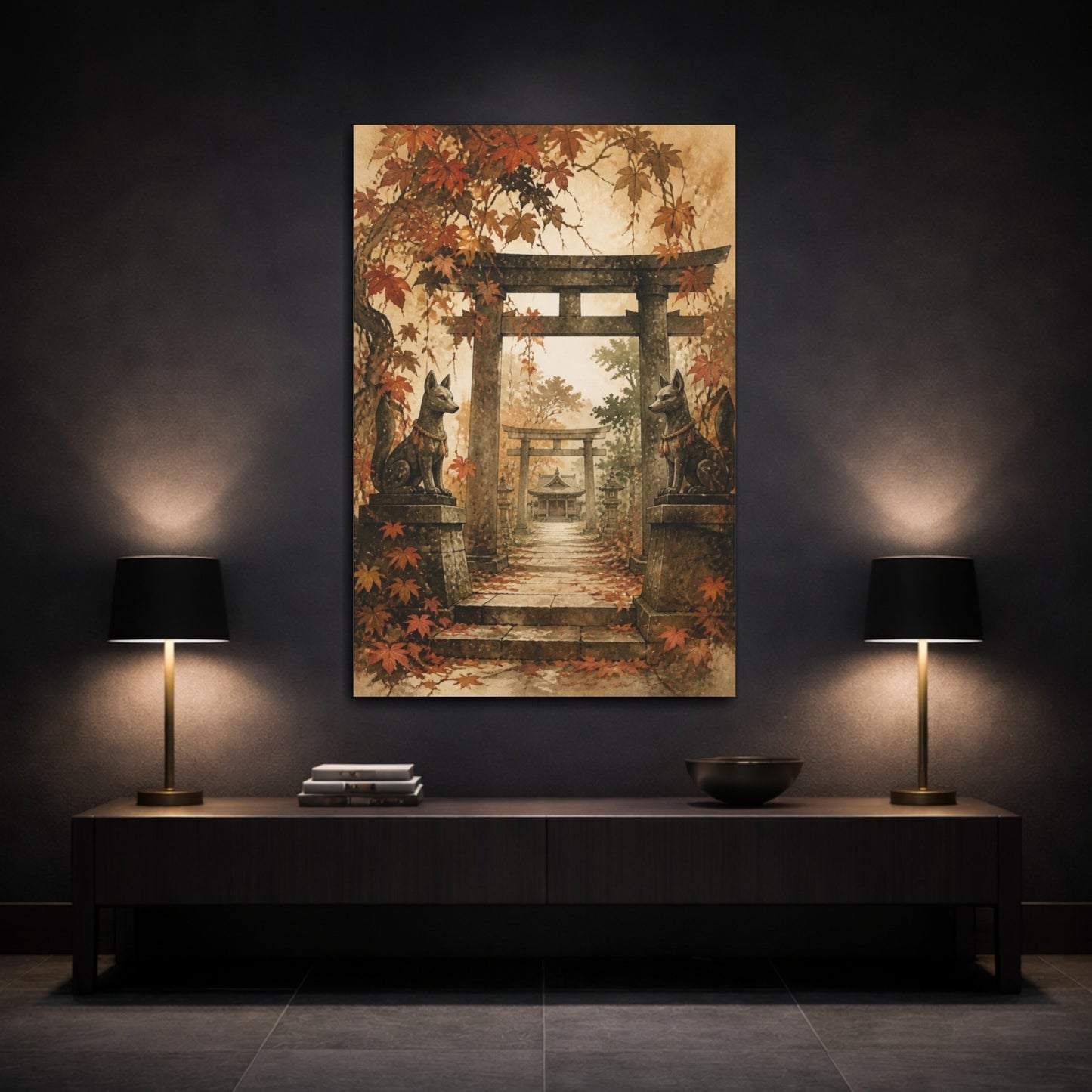 Mockup 3. Japanese Fox Guardians shown as canvas print
