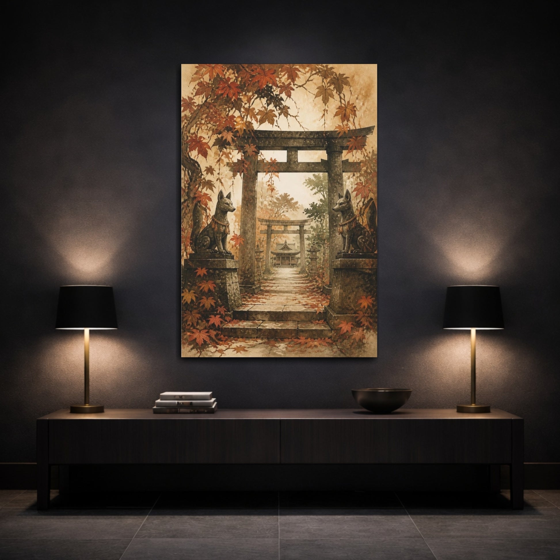 Mockup 3. Japanese Fox Guardians shown as canvas print
