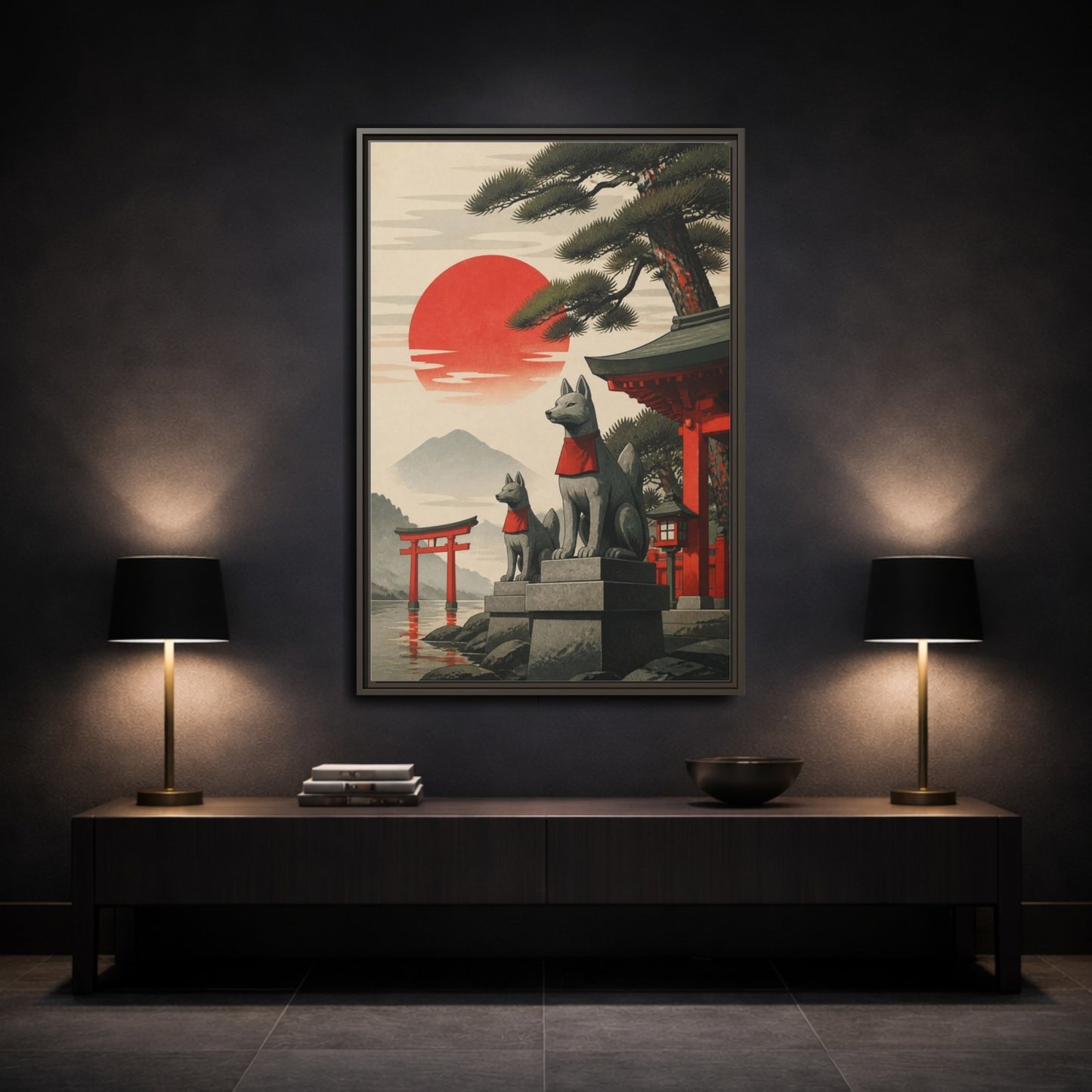 Mockup 3. Japanese Fox Guardians shown as framed canvas print