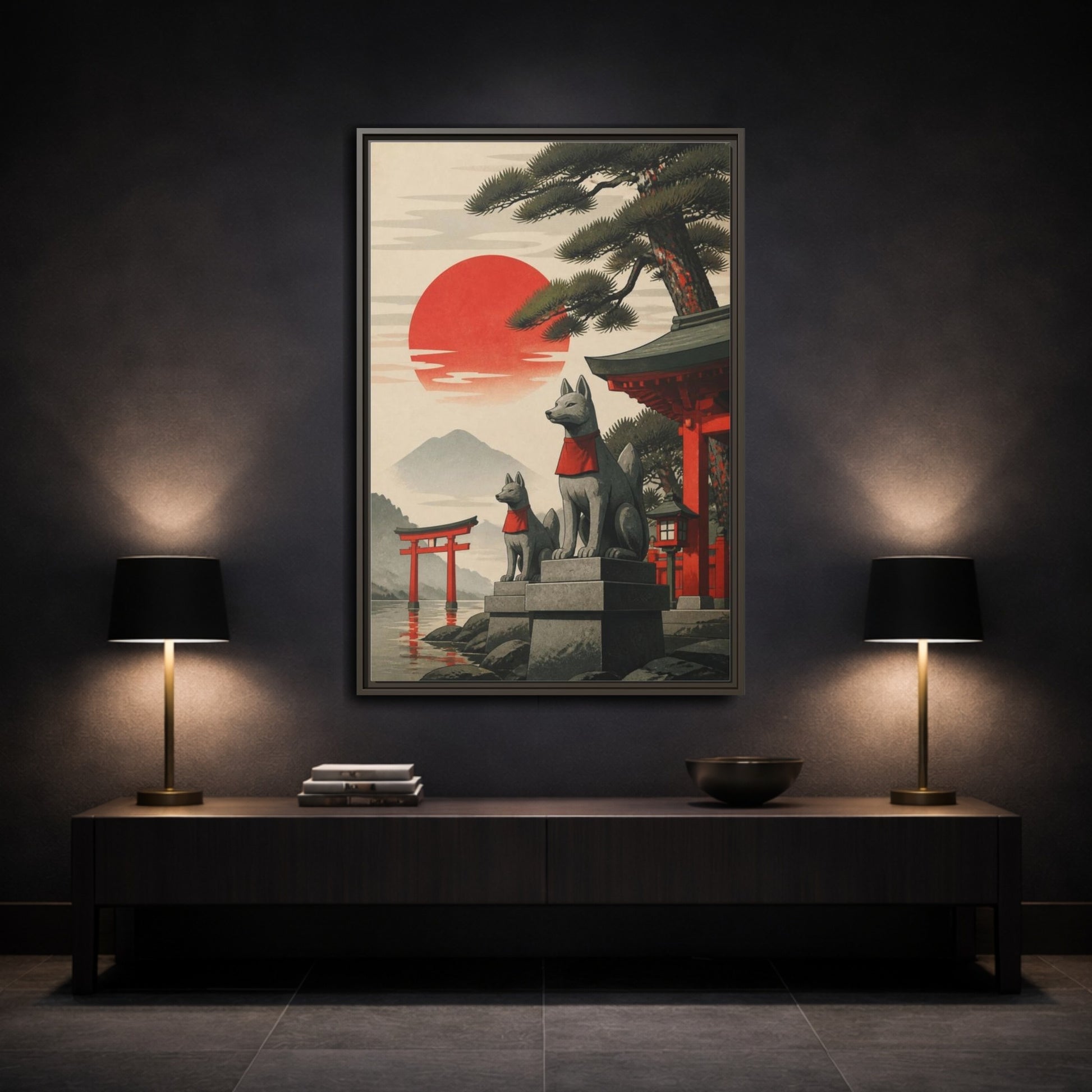 Mockup 3. Japanese Fox Guardians shown as framed canvas print