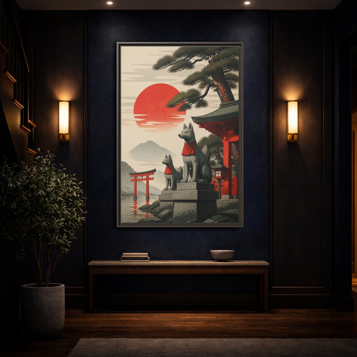 Mockup 4. Japanese Fox Guardians shown as framed canvas print