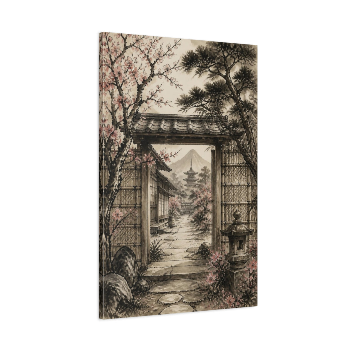 Main Mockup. Japanese Garden Gate Blossoms shown as canvas print