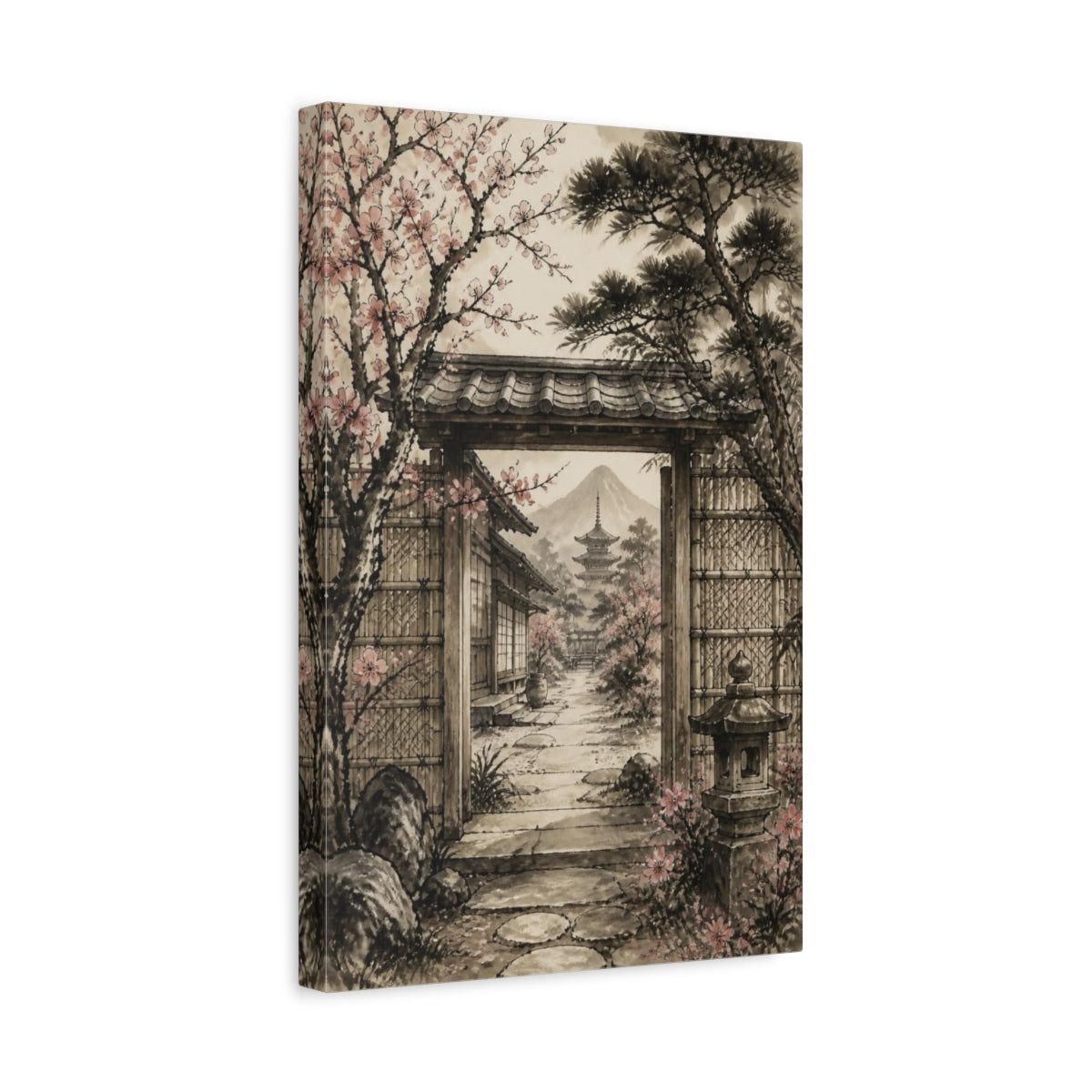 Side Mockup 4. Japanese Garden Gate Blossoms shown as canvas print