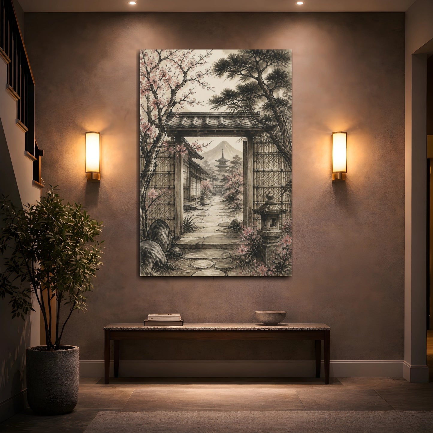 Mockup 2. Japanese Garden Gate Blossoms shown as canvas print
