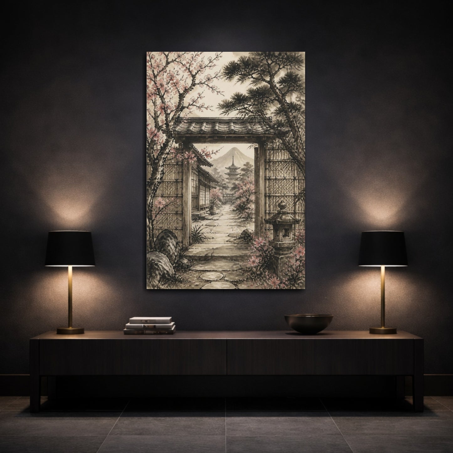Mockup 3. Japanese Garden Gate Blossoms shown as canvas print
