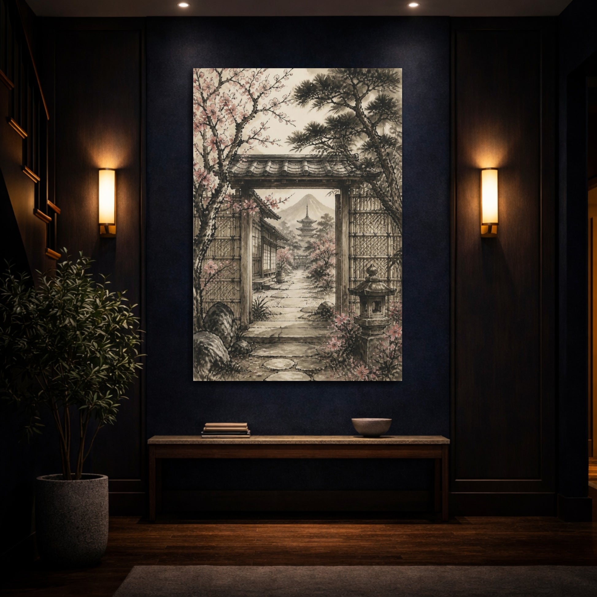 Mockup 4. Japanese Garden Gate Blossoms shown as canvas print