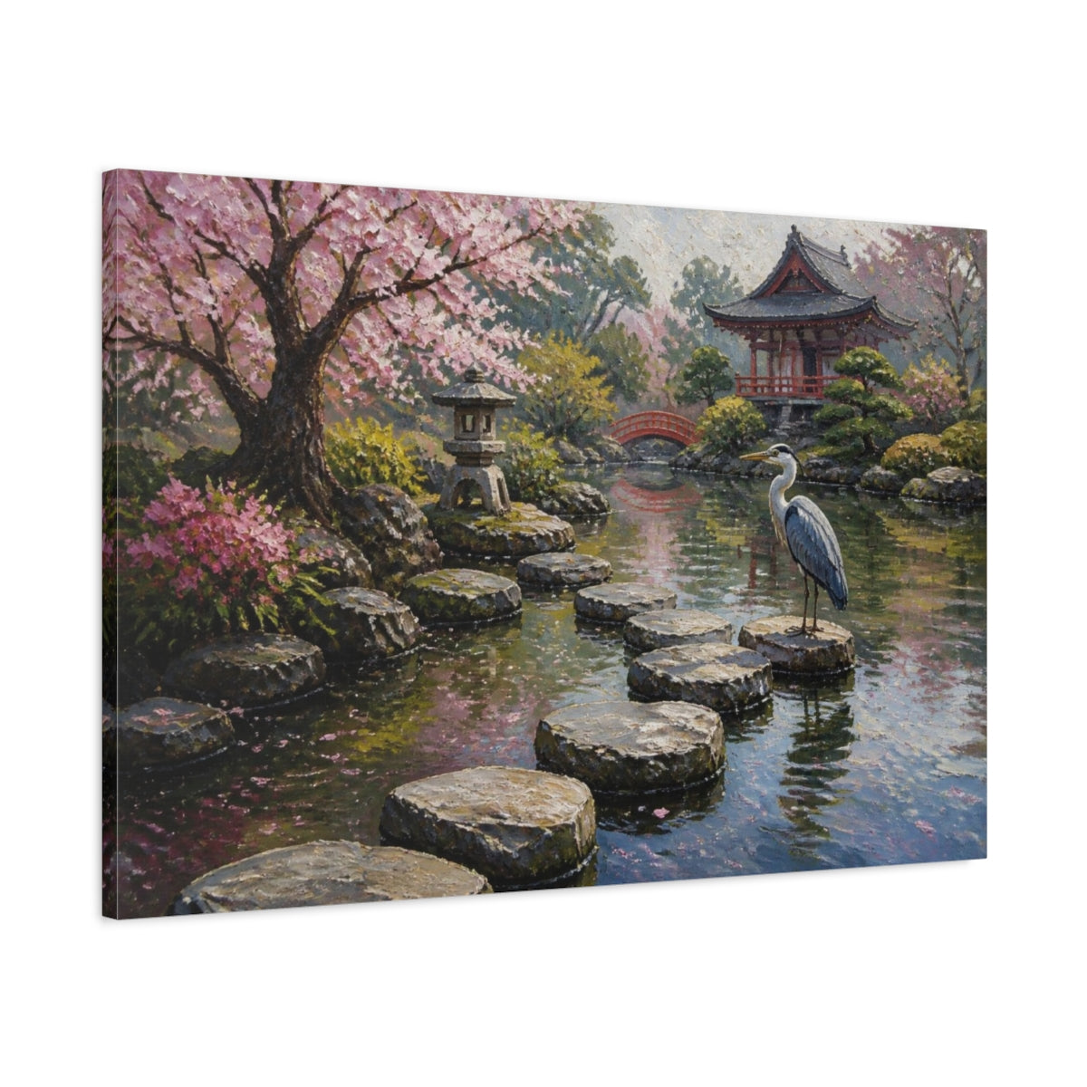Main Mockup. Japanese Garden Heron shown as canvas print