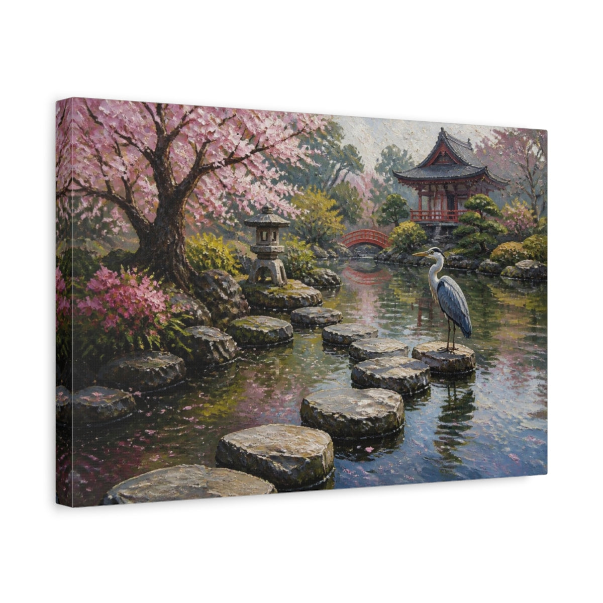 Side Mockup 4. Japanese Garden Heron shown as canvas print