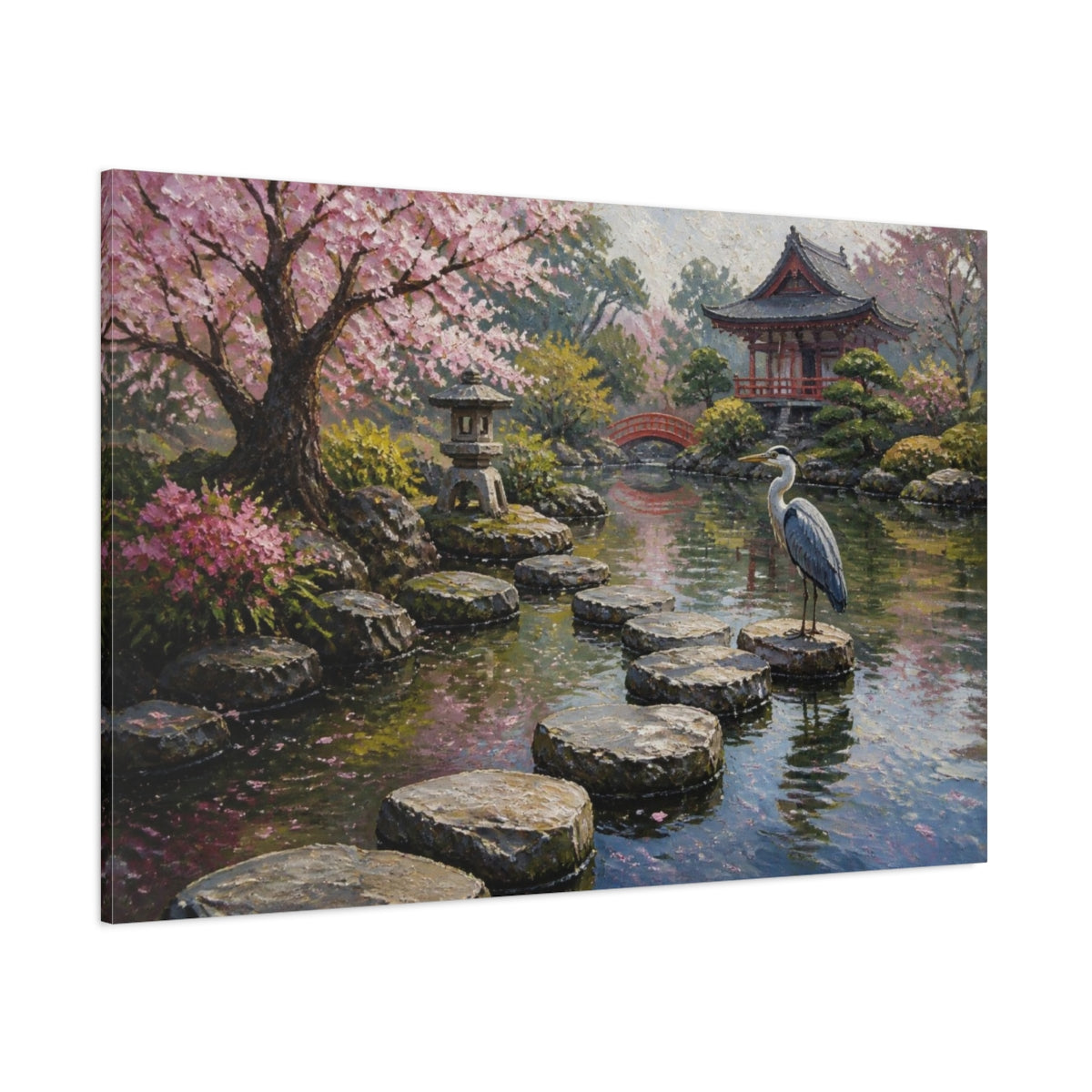 Side Mockup 1. Japanese Garden Heron shown as canvas print