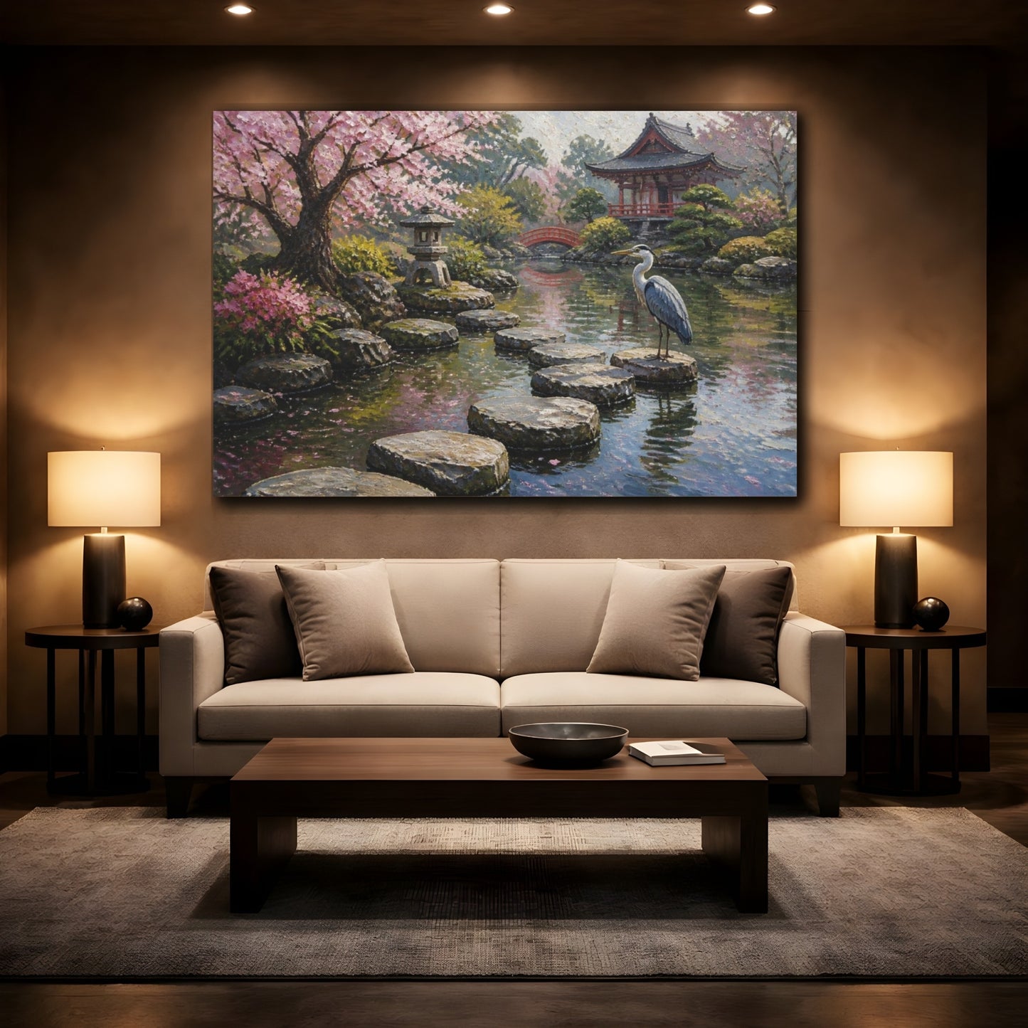 Mockup 2. Japanese Garden Heron shown as canvas print