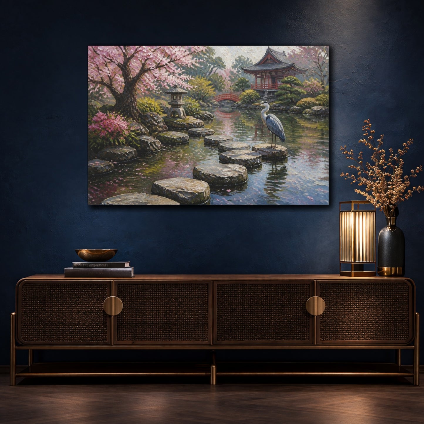 Mockup 4. Japanese Garden Heron shown as canvas print