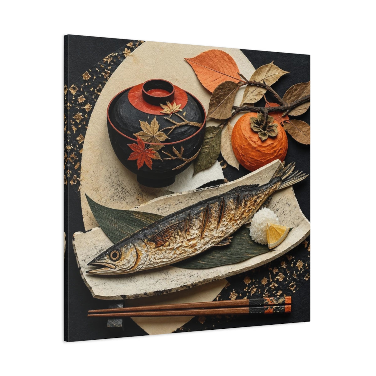 Side Mockup 1. Japanese Grilled Fish shown as canvas print