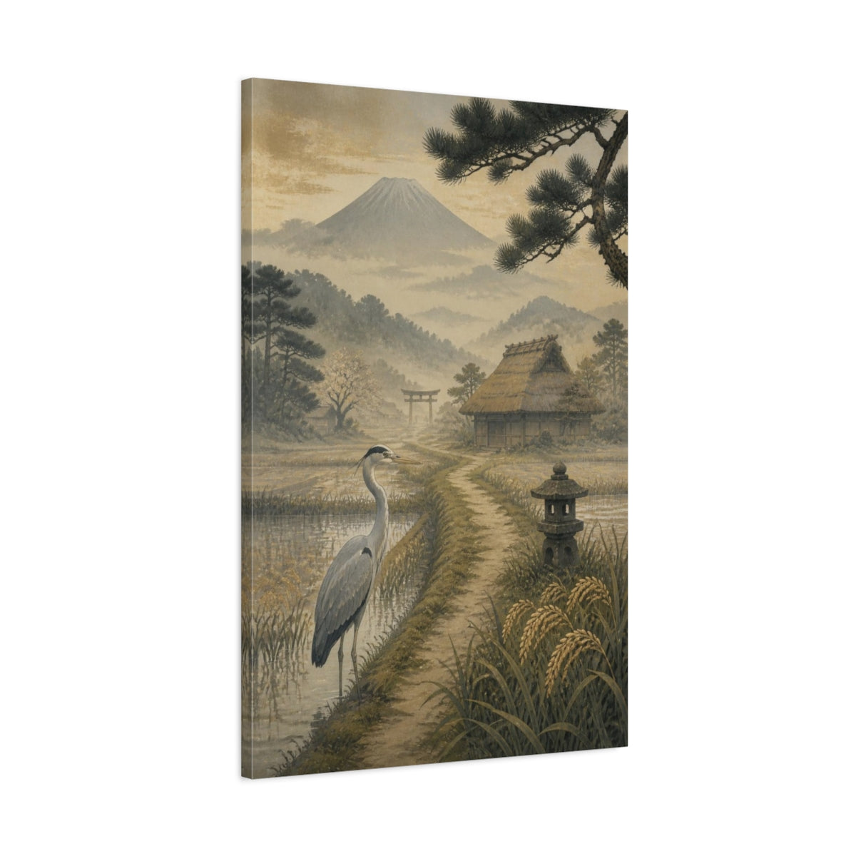 Main Mockup. Japanese Heron At Fuji shown as canvas print