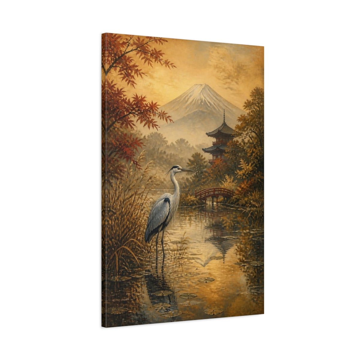 Main Mockup. Japanese Heron At Fuji shown as canvas print