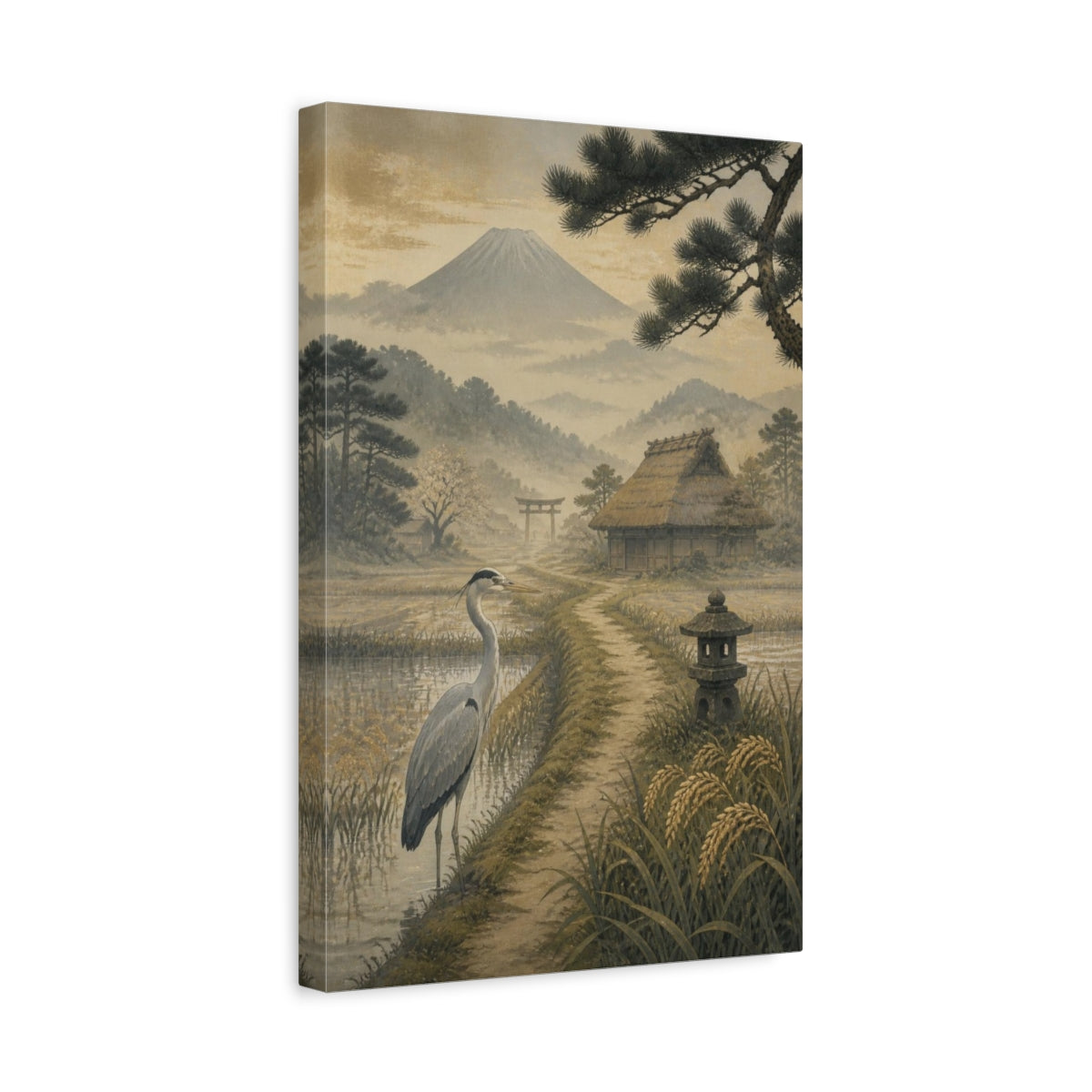 Side Mockup 4. Japanese Heron At Fuji shown as canvas print