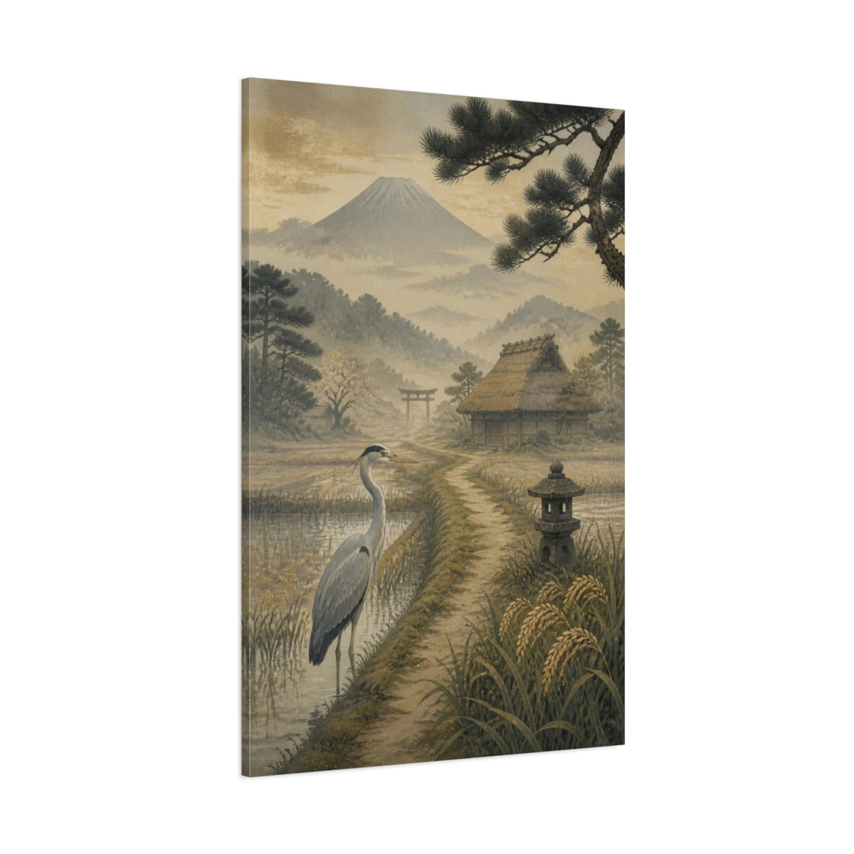 Side Mockup 1. Japanese Heron At Fuji shown as canvas print