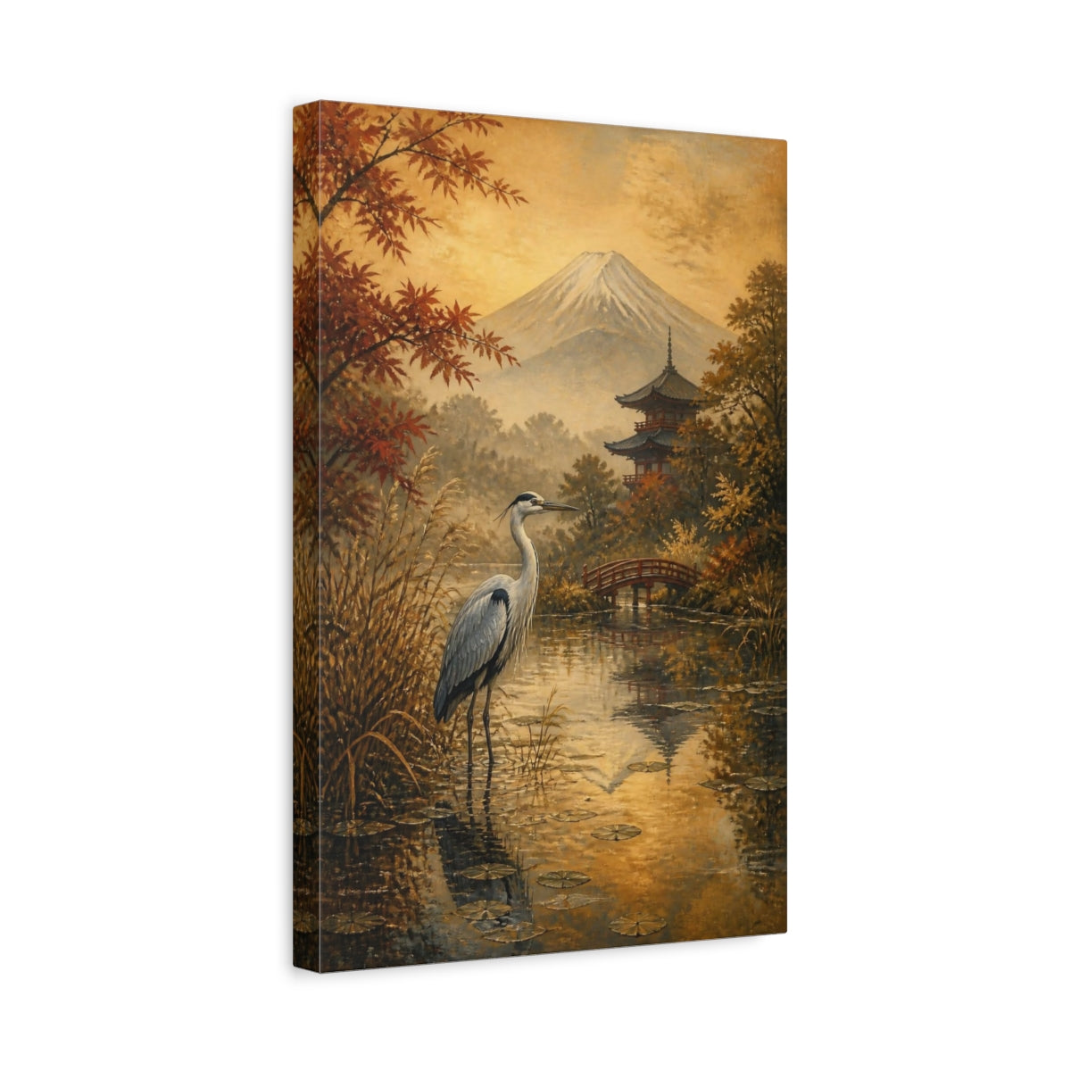 Side Mockup 4. Japanese Heron At Fuji shown as canvas print