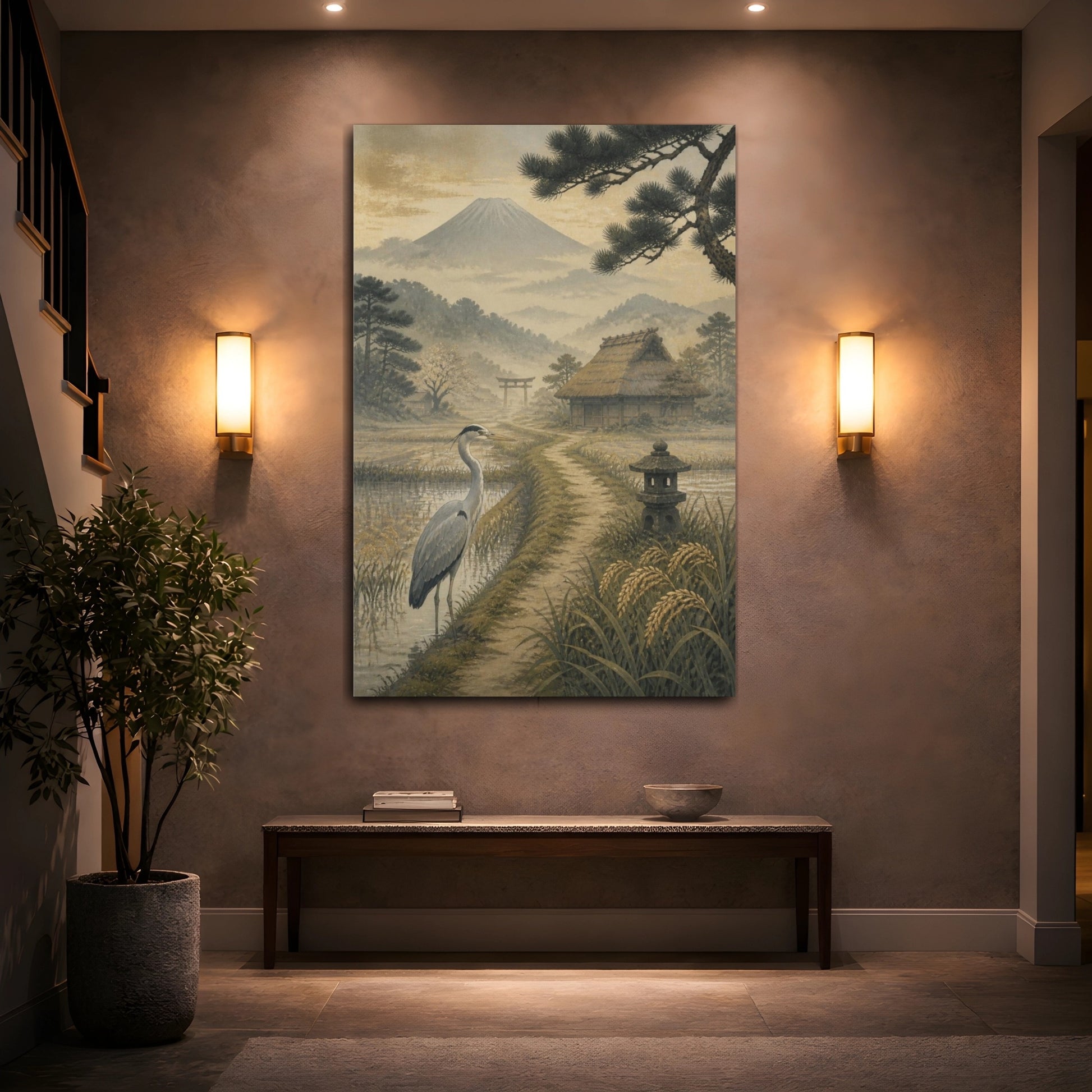 Mockup 2. Japanese Heron At Fuji shown as canvas print