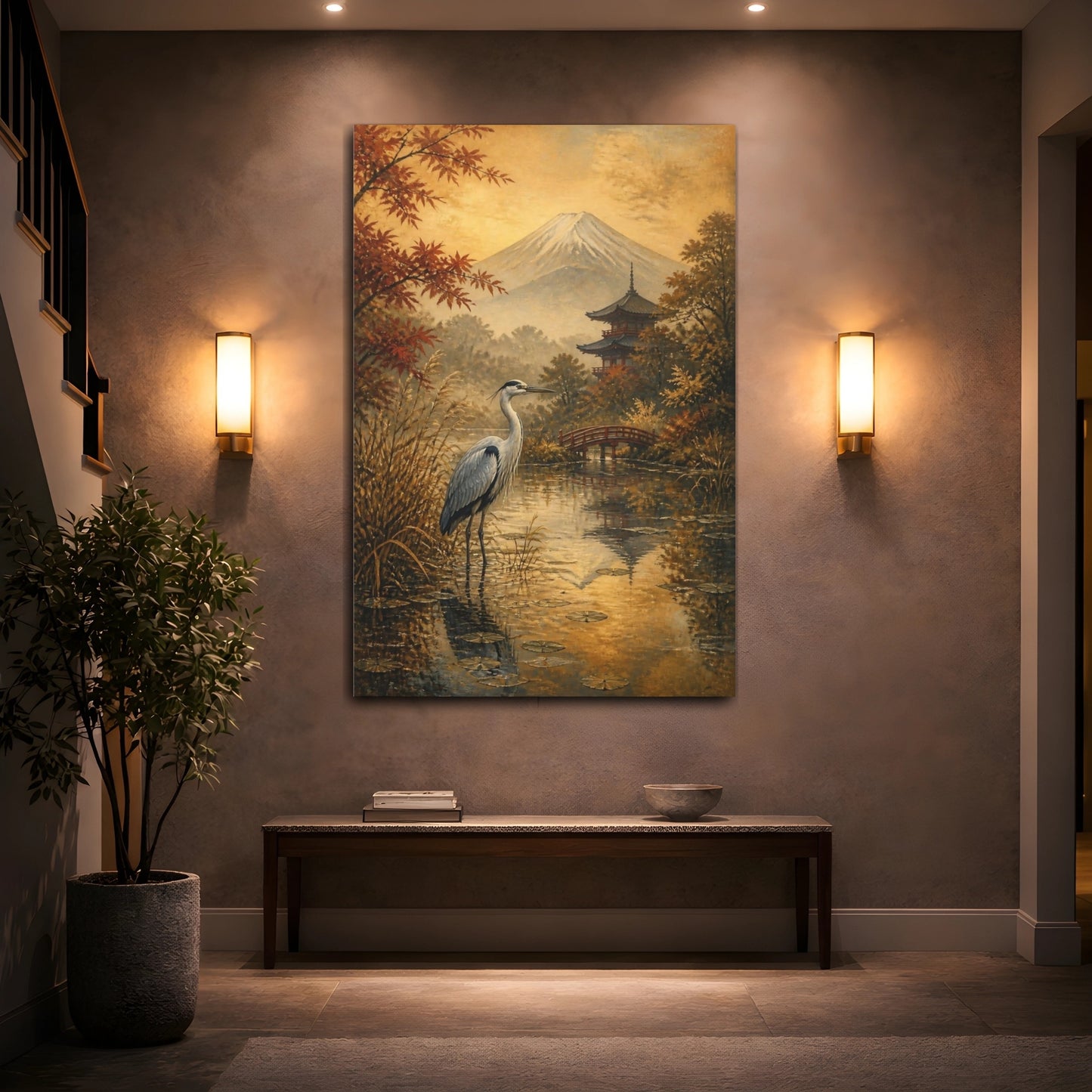 Mockup 2. Japanese Heron At Fuji shown as canvas print