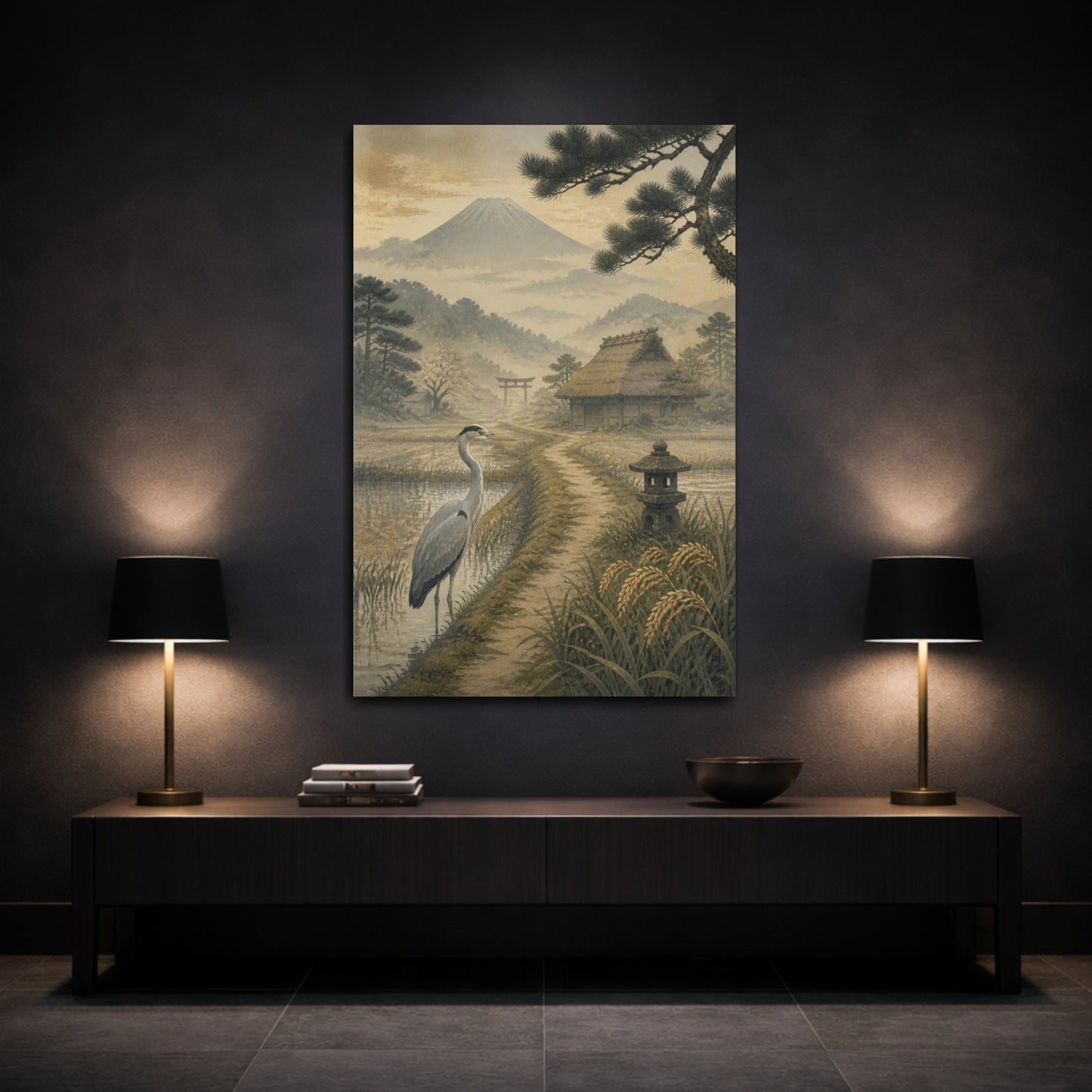Mockup 3. Japanese Heron At Fuji shown as canvas print
