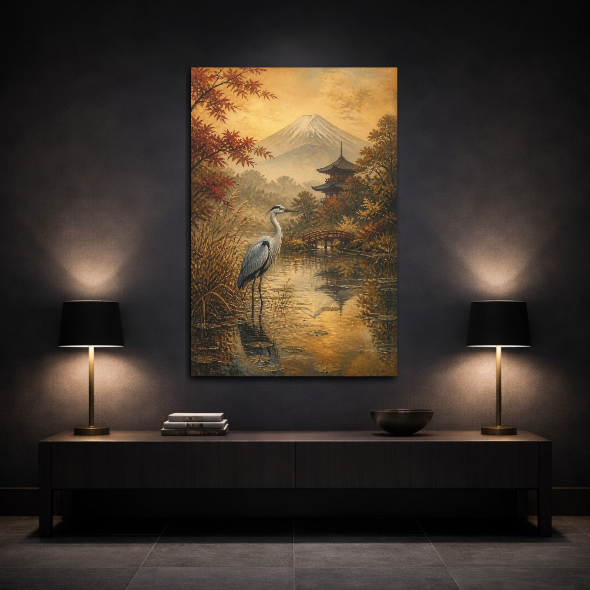 Mockup 3. Japanese Heron At Fuji shown as canvas print