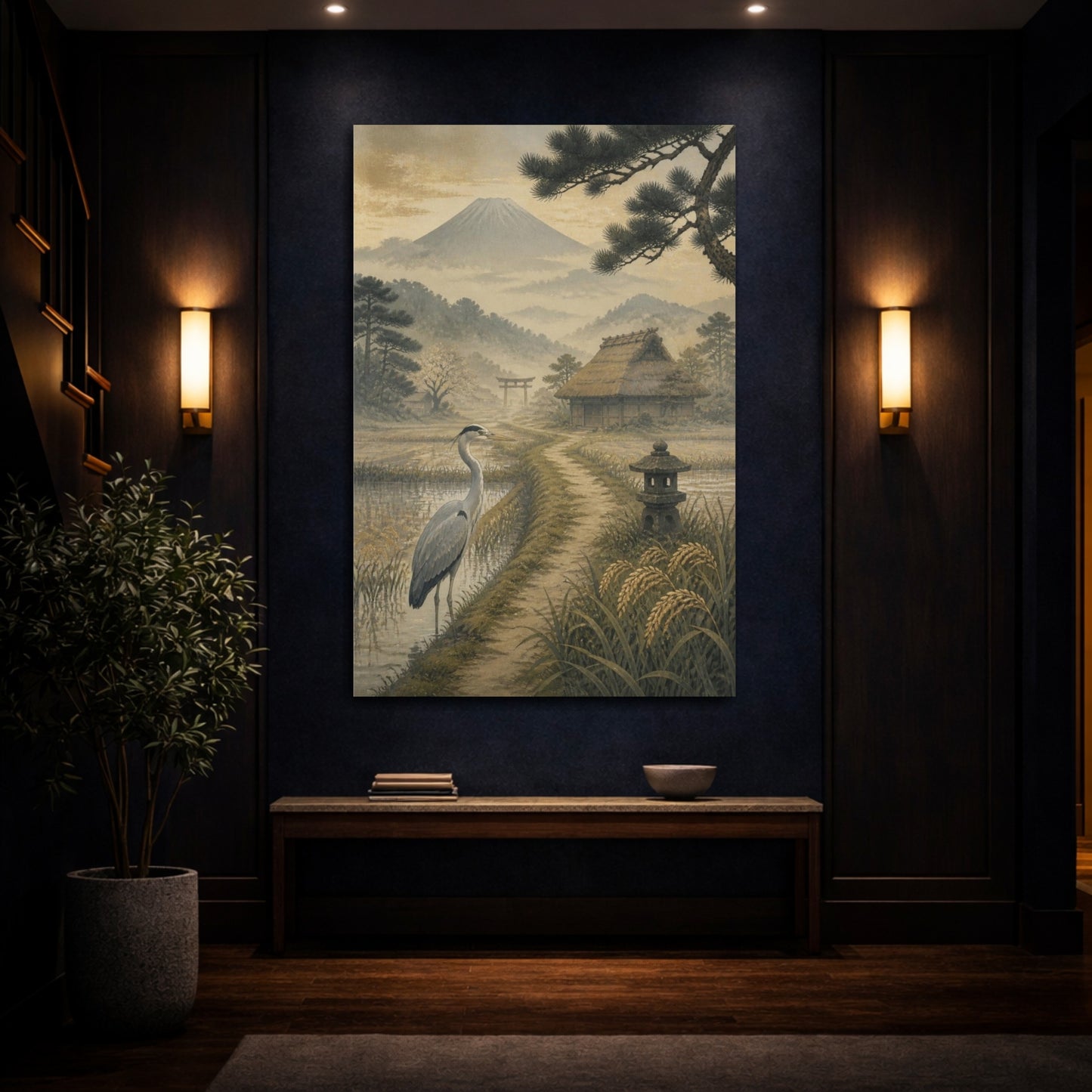 Mockup 4. Japanese Heron At Fuji shown as canvas print