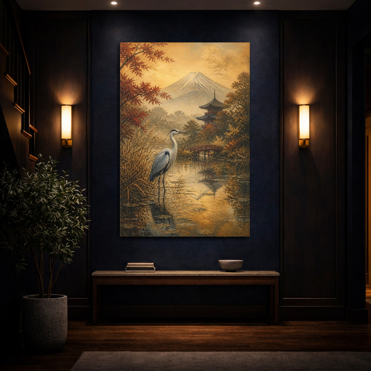 Mockup 4. Japanese Heron At Fuji shown as canvas print