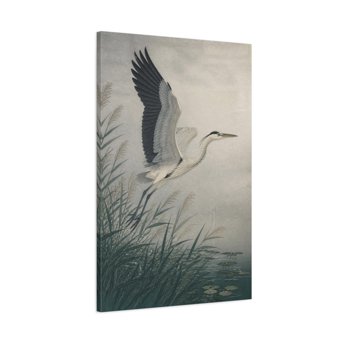 Main Mockup. Japanese Heron In Reeds shown as canvas print