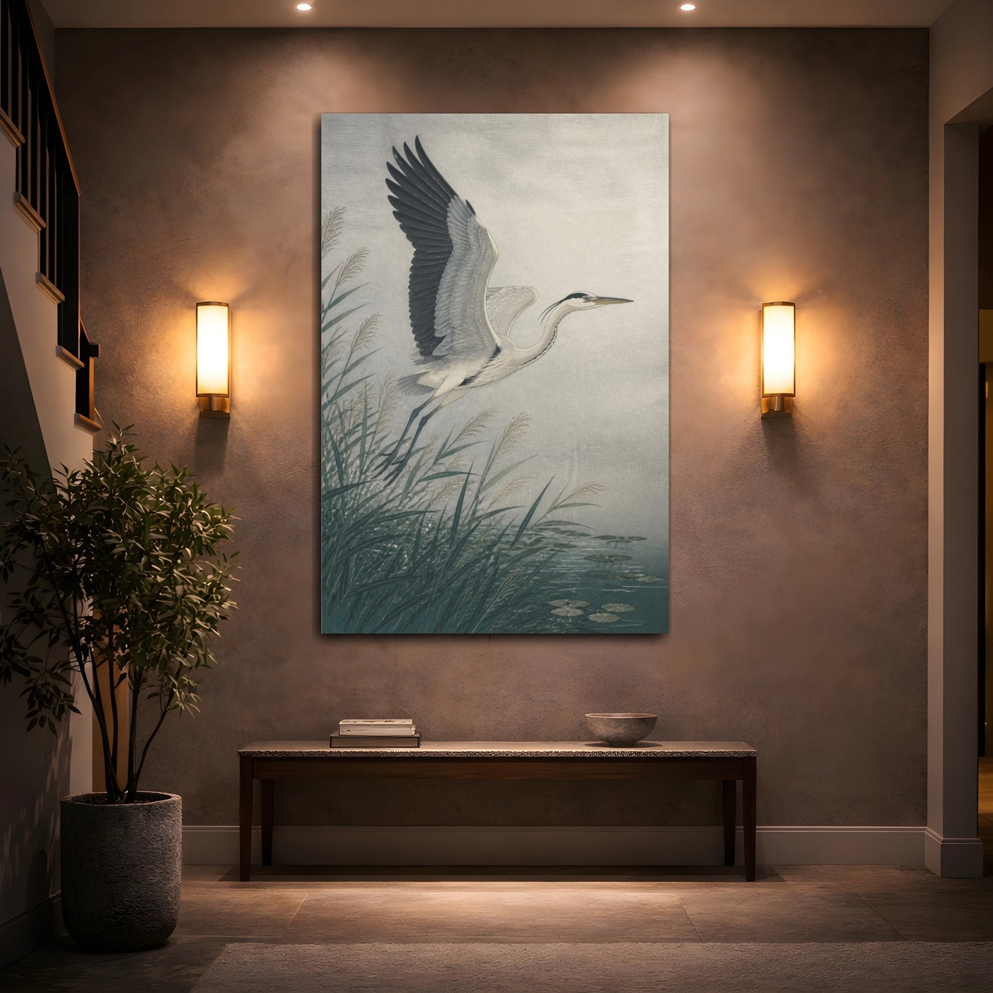 Mockup 2. Japanese Heron In Reeds shown as canvas print
