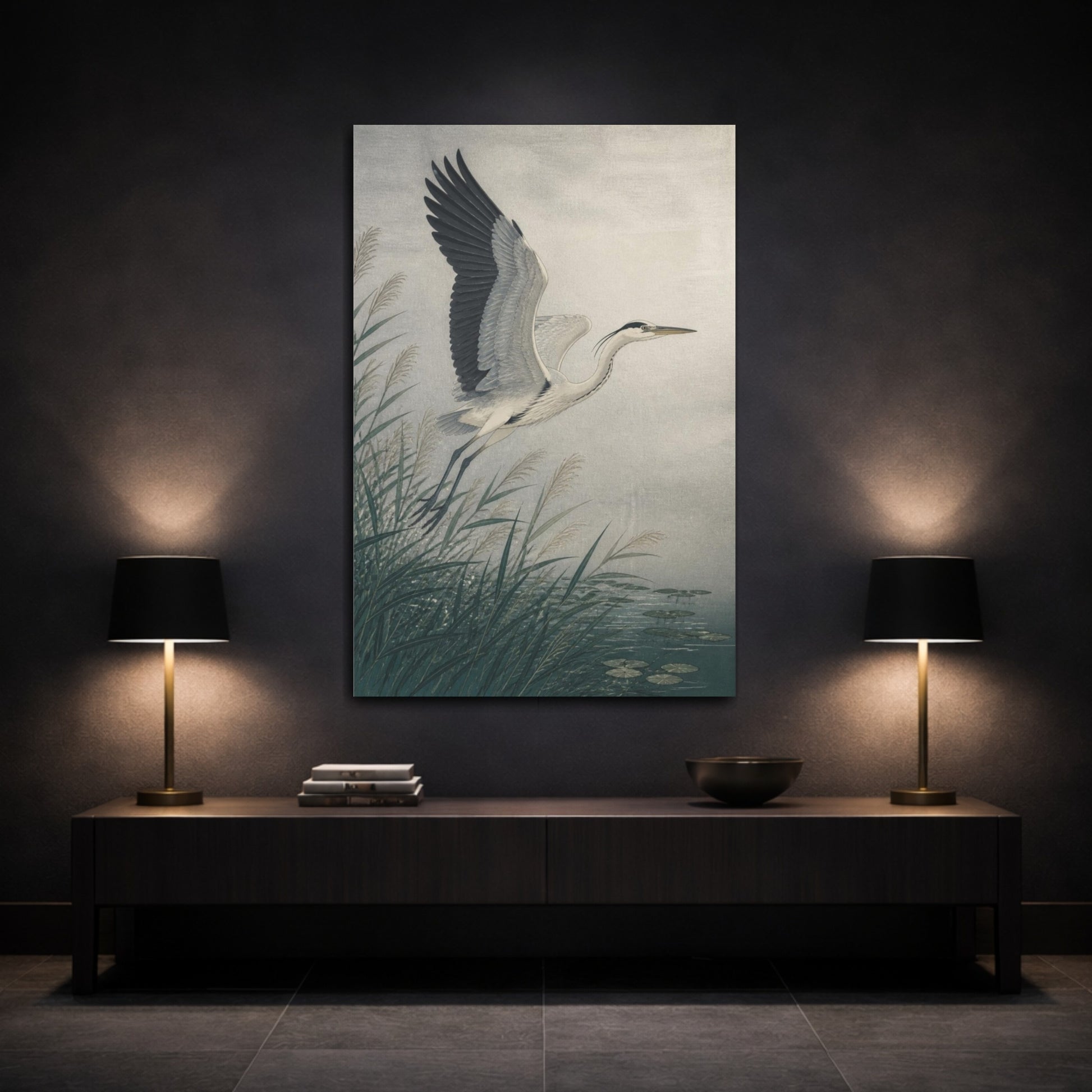 Mockup 3. Japanese Heron In Reeds shown as canvas print