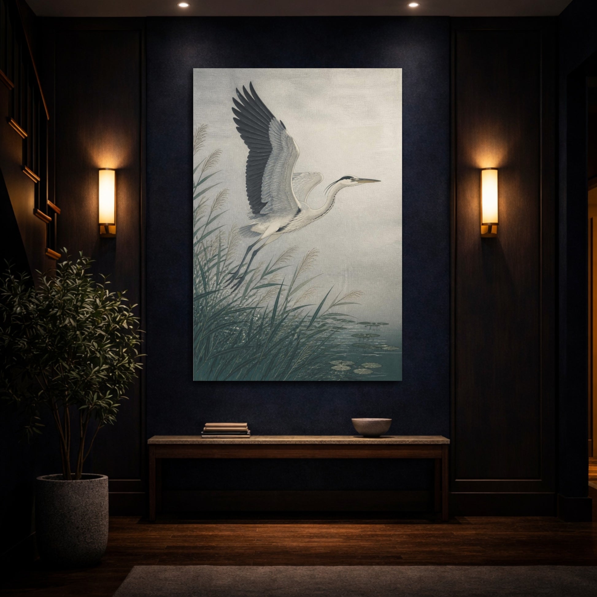 Mockup 4. Japanese Heron In Reeds shown as canvas print