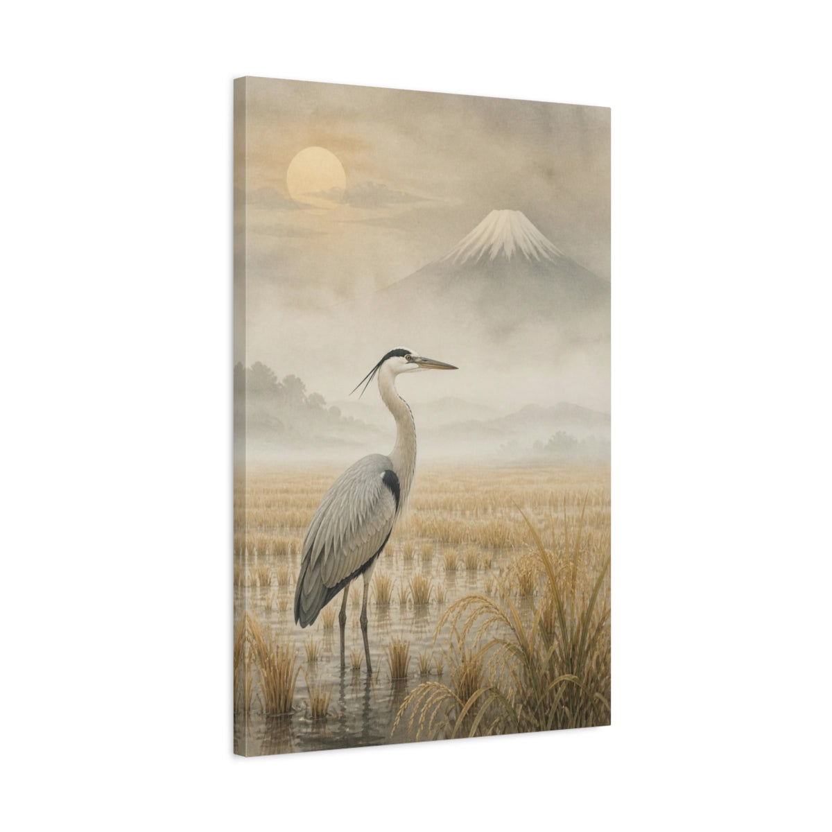 Side Mockup 2. Japanese Heron In Rice Field shown as canvas print