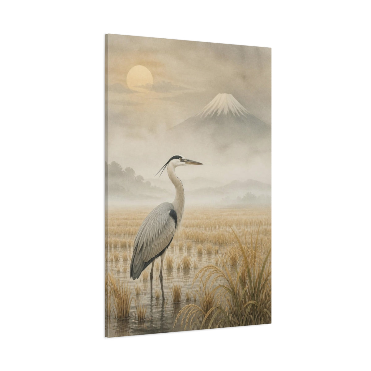 Side Mockup 1. Japanese Heron In Rice Field shown as canvas print