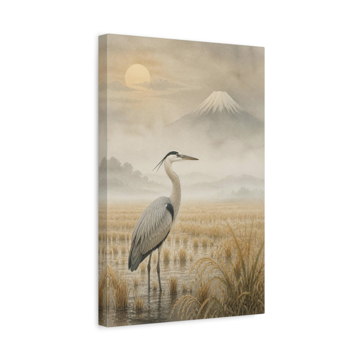 Side Mockup 4. Japanese Heron In Rice Field shown as canvas print