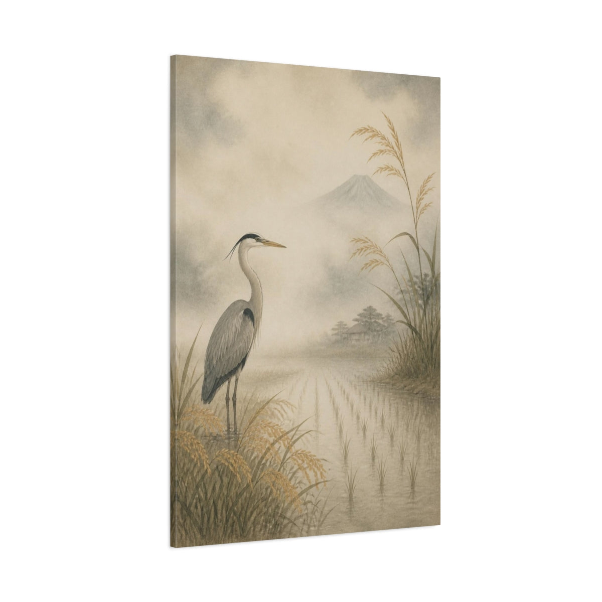 Side Mockup 1. Japanese Heron In Rice Field shown as canvas print