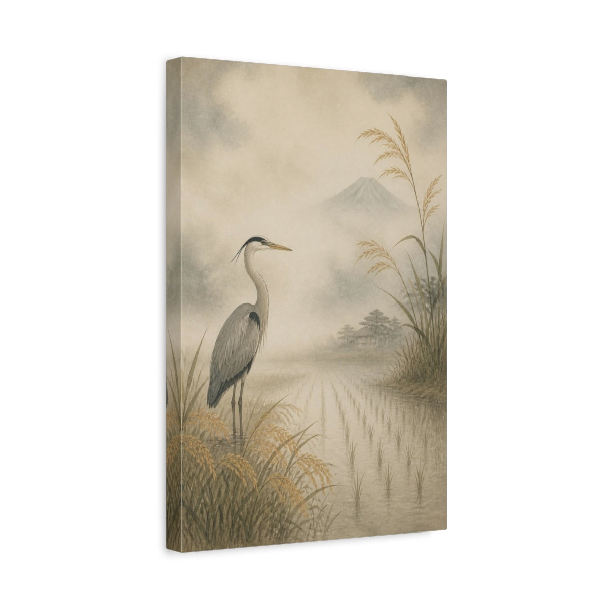Side Mockup 4. Japanese Heron In Rice Field shown as canvas print