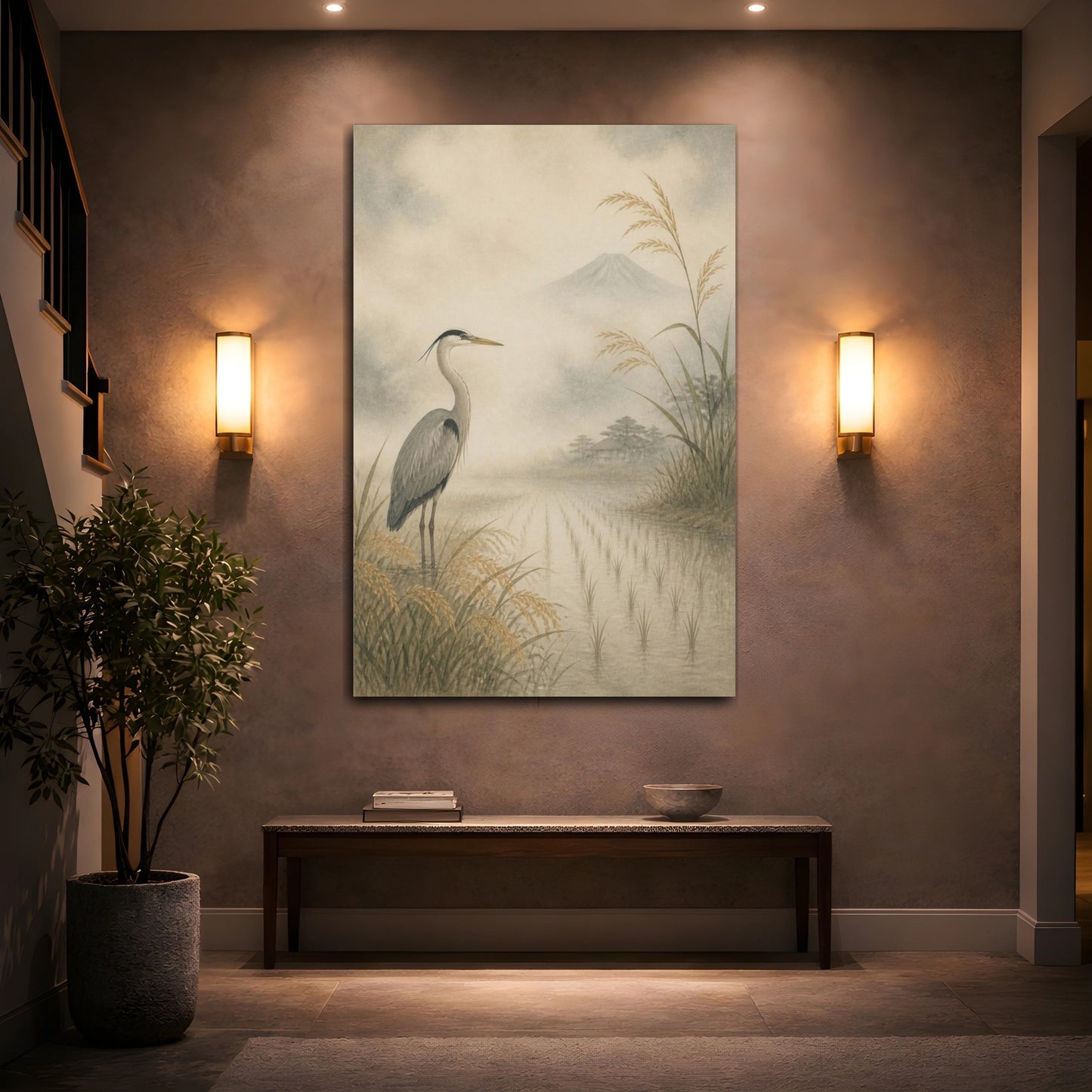 Mockup 2. Japanese Heron In Rice Field shown as canvas print
