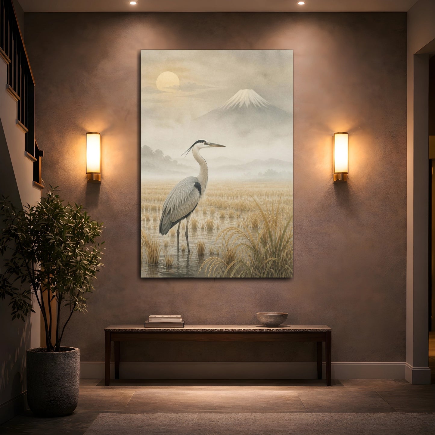 Mockup 2. Japanese Heron In Rice Field shown as canvas print