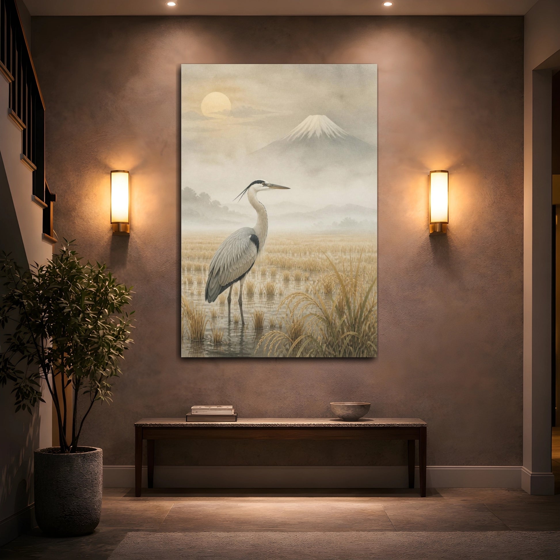 Mockup 2. Japanese Heron In Rice Field shown as canvas print