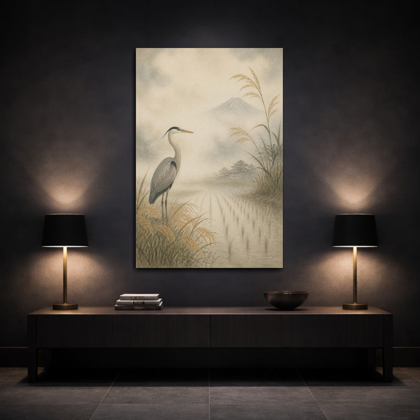 Mockup 3. Japanese Heron In Rice Field shown as canvas print